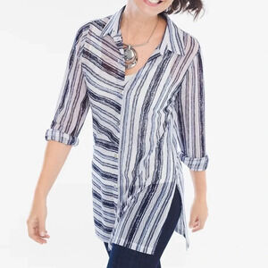 Chico’s Travelers Stripe Lace Knit Button up Shirt Sheer 1 Beach Cover Vacation